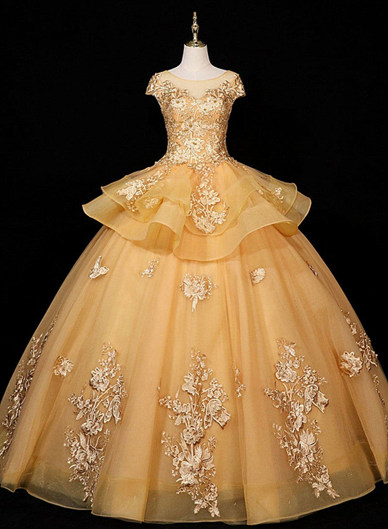 Gorgeous Champagne Ball Gown Sweet 16 Gown with Lace, Flowers Lace Formal Dress